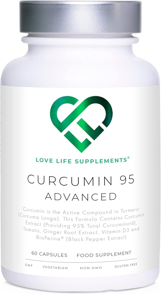 Curcumin 95 Advanced, 60 Kapsle, Vysoce silný Curcumin (Aktivní složka kurkumy) s 95% Curcuminoidy + BioPerine ® (Black Pepper Extract), Vitamin D, Tomato a Ginger Root, GMP Schváleno