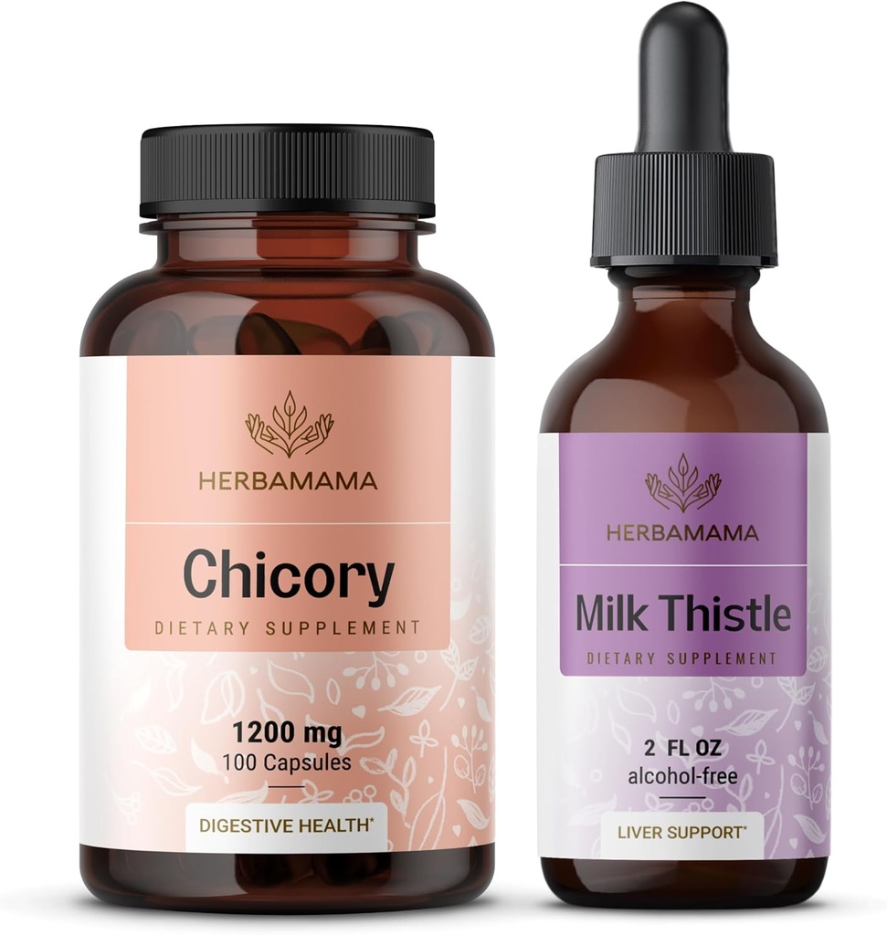 HERBAMAMA Chicory and Milk Thistle Kit - Bundle of 1200 mg Chicory Root Capsules & Milk Thistle Tincture 2 fl oz - Vegan, Non- GMO, Sugar & Alcohol- Free - 2 Pack