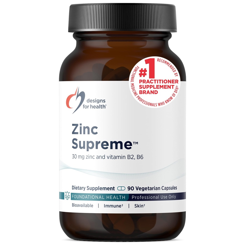 Design pro zdraví Zinek Supreme - 30mg zinek Bisglycinát Chelate Supplementary with Cofactors Taurin, Vitamin B6, B2 + Molybden - Imunitate Supplementary - Vegan + Non- GMO (90 Kapsle)