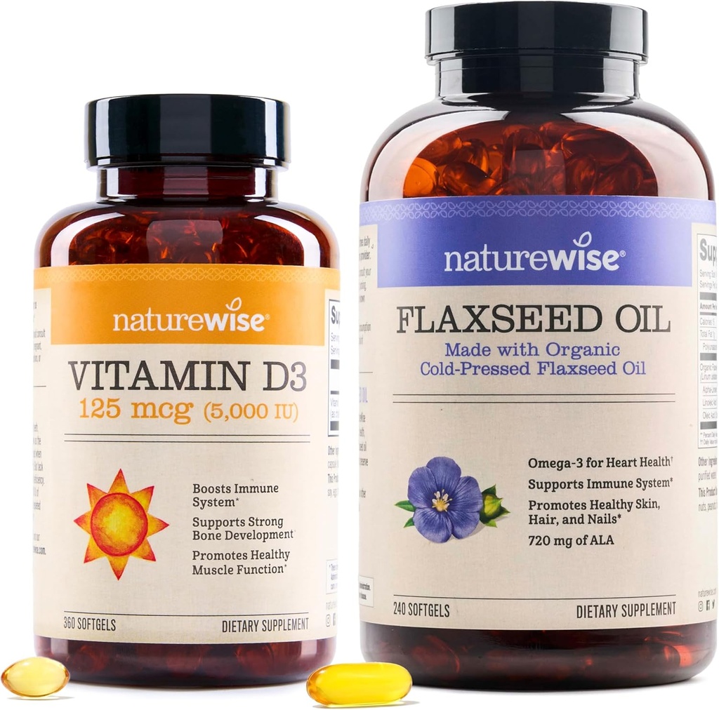 NatureWise Vitamin D3 5000iu (125 mcg) 1 rok dodávky pro zdravé svalové funkce, a imunitní podpora Organic Flaxseed Oil Max 720mg ALA PHARMA124; Nejvyšší potenciál Flax Omega 3