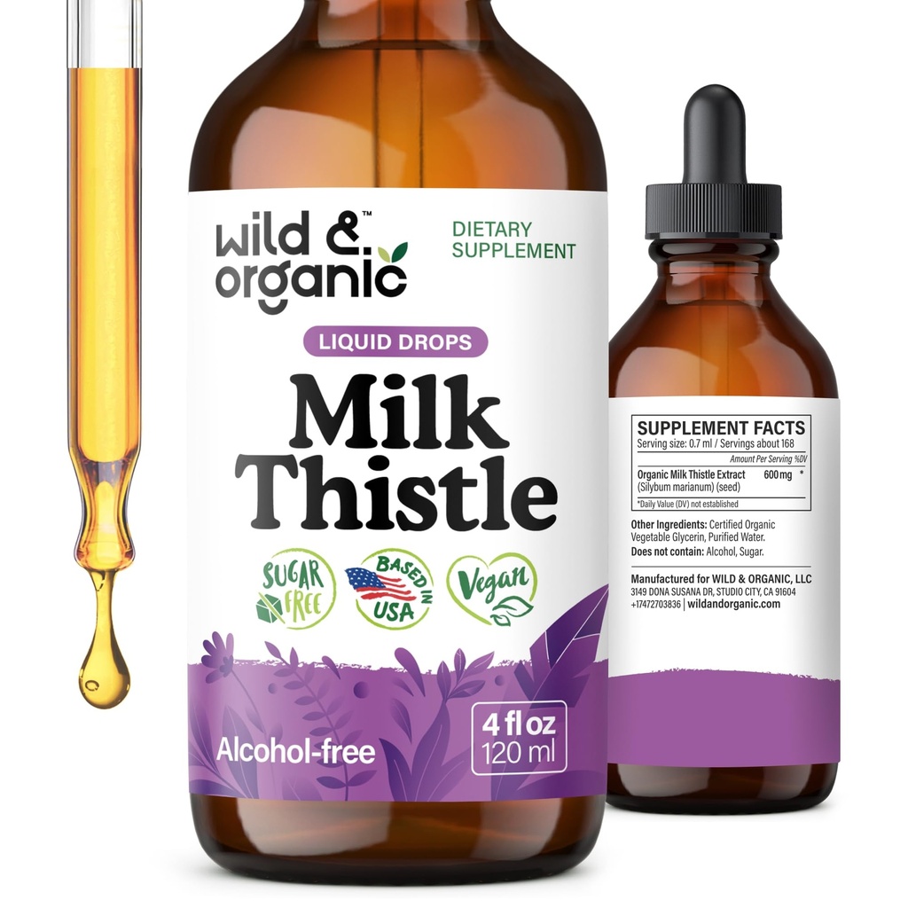 Wild & Organic Milk Thistle Liquid Drops - Játra čistící detox - Silymarin Milk Thistle dodatek pro podporu jater - Přidat do čaje - Silybum Marianum Seed Extract Tincture - Cukr & Alcohol- Free - 4 oz