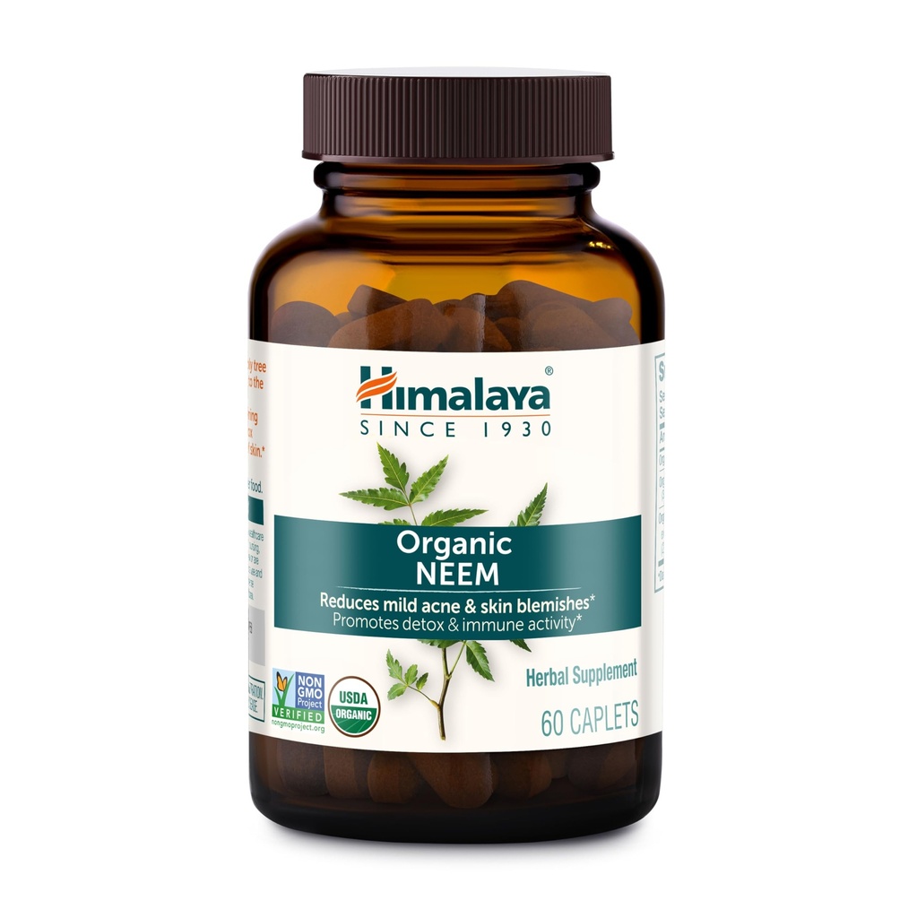 Himalaya Organic Neem, 60 Day Supply - Bylinné Akné doplňky podporující čistou pleť a detox - USDA Organic, Vegan, Non- GMO, gluten zdarma, 600 mg, 60 Caplet