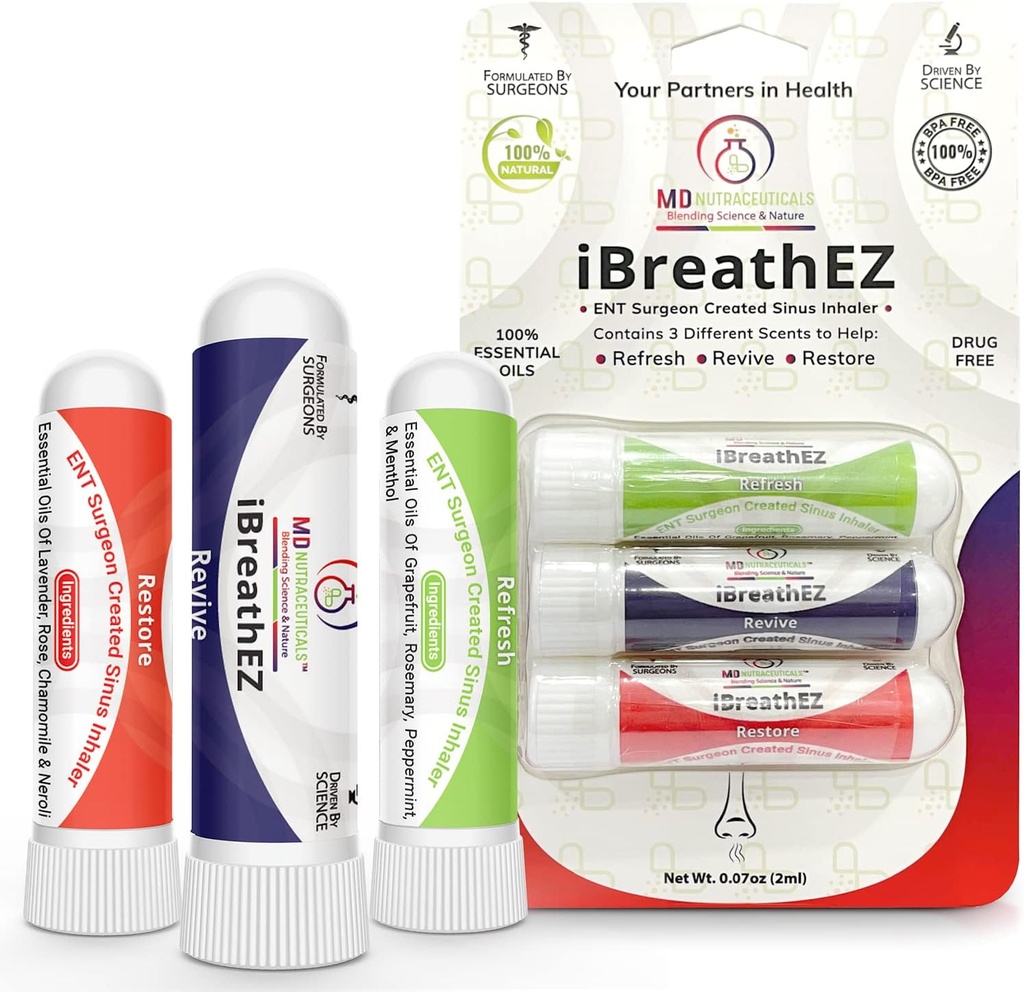 iBreathEZ Nasal Sinus Inhaler Kit Kompatibilní s ENT Chirurgy s esenciální oleje pro energii, Stres, Decongesting & studená nebo alergická pomoc (3 Pack)