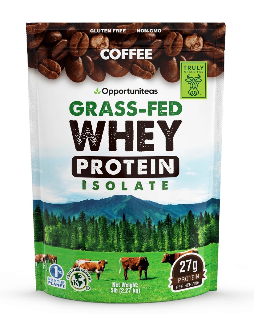Oportuniteas Grass Fed káva syrovátka protein izolát prášek - 27g protein prášek bez umělé sladkosti, 60 mg kofeinu, Hormone- Free Krávy - 5lb