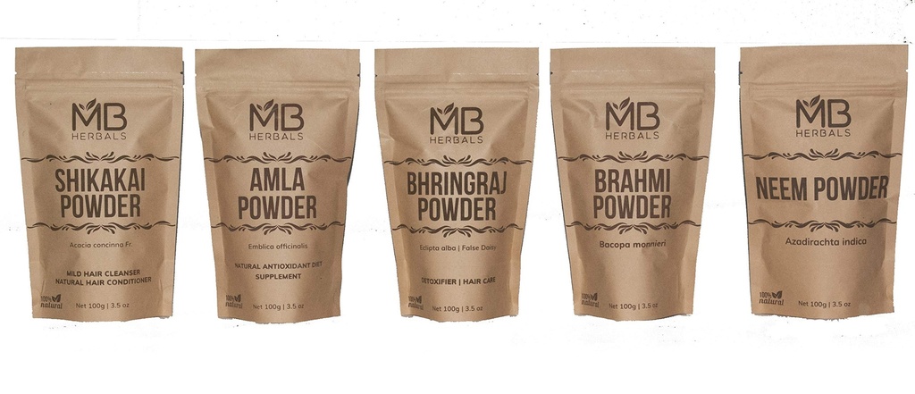 MB Herbals Péče o vlasy Prášky COMBO Pack 124; Shikakai OF 124; Neem OF 124; Brahmi OF 124; Amla OF 124; Bhringaraj OF 124; Powders OF 124; 100 Grams Each OF 124; Pro Pack OF 124; Pouze pro vnější použití
