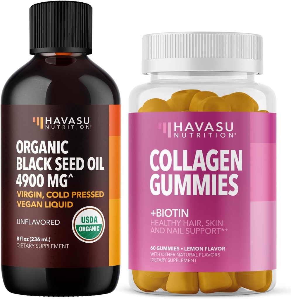 HVASU NUTRITION Organic Black Seed Oil Liquid + Collagen Gummies Bundle