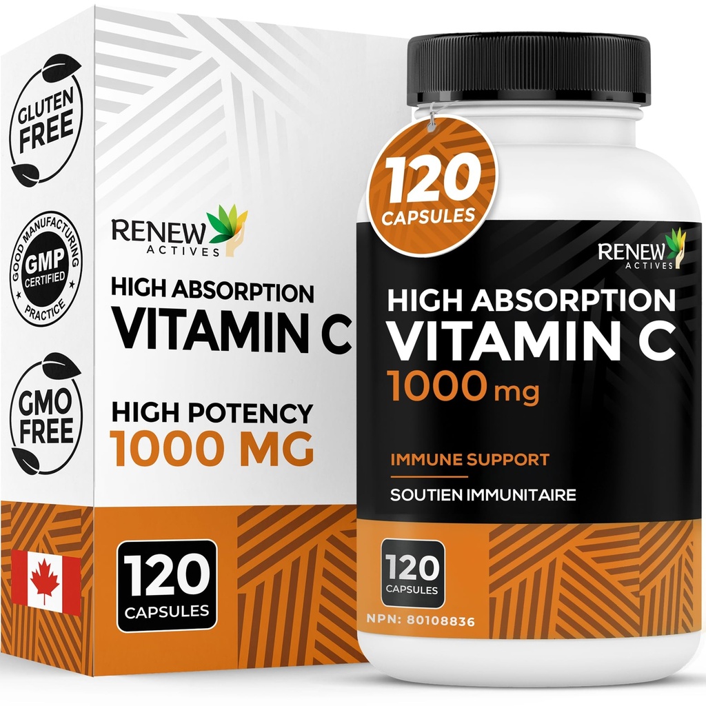 RENOVÉ ČINNOSTI Maximální síla vitaminu C 1000MG na servírování - Antioxidant & imunitní zesilovač pro celkové zdraví, kosti, zuby & Gums - Non- GMO, Sugar- Free, 4- Month Supply - Made in Canada - 120 Kapsle