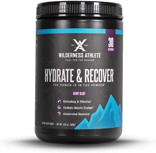 Wilderness Athlet - Hydrate & Recover- 124; Tekutá hydratace prášek Electrolyte Drink Mix - Recoverer Faster s Bcaas - Hydrate Powder s 1000 mg vitaminu C - 30 Serving Tub (Berry Blast)