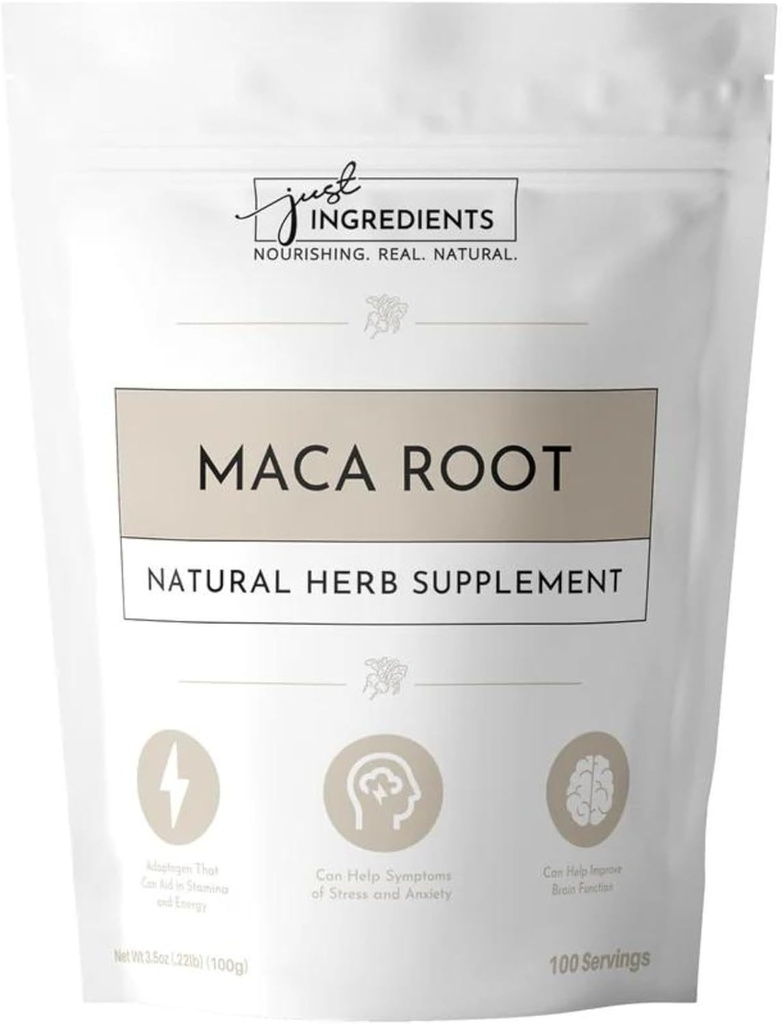 JUST INGREDIENTS Organic Maca Root Powder 124; 100 Servings OF 124; 100% Organic & Vegan Superfood OF 124; Podporuje přírodní wellness a hormonální bilance OF 124; Žádné umělé přísady