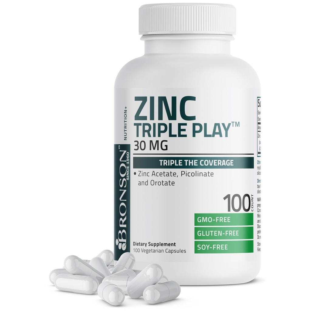 Bronson Zinek Triple Play 30 mg Triple Coverage Imunitation Support with Zinek Acetát, Picolinate & Orotate - Imunitní, Antioxidant & Kožní zdravotní podpora - 100 Vegetariánské Kapsle