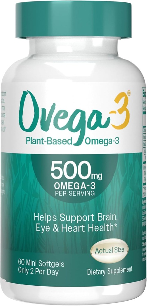OVEGA-3 Plant- Based Omega-3 z Algal Oil Denní dodatek, 500mg, Podporuje mozek, Oko & srdce zdraví, Dva mini softgels za den, 60 Počet
