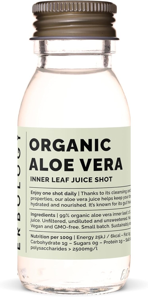 Erbology Organic Aloe Vera Juice 12 Daily Shots (2 fl oz) - Imunity Support and Detox - from Inner Leaf - Straight from Farm in Spain - Unředěný - No Added Sugar - Non- GMO - Recyklabilní skleněná láhev