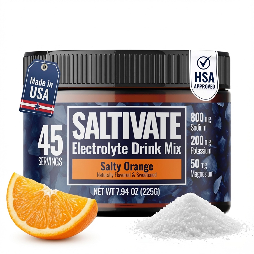Zero Sugar Electrolyte Powder 124; Salty Orange Hydration (with Stevia) Yellow 124; High Sodium Draslík Magnesium Electrolytes for Fasting, POTS, Sweat Recovery Yellow 124; Makes 45 Serving of 32 Fl Oz Yellow 124; Made in USA