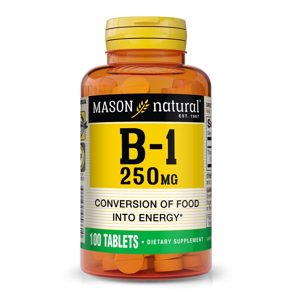 MASON NATURAL vitamin B, 1 Thiamin 250 mg, 100 denní zásobovací dietní dodatek, snadné, na, Polykat tablety, Podpora výroby energie a zdravý metabolismus