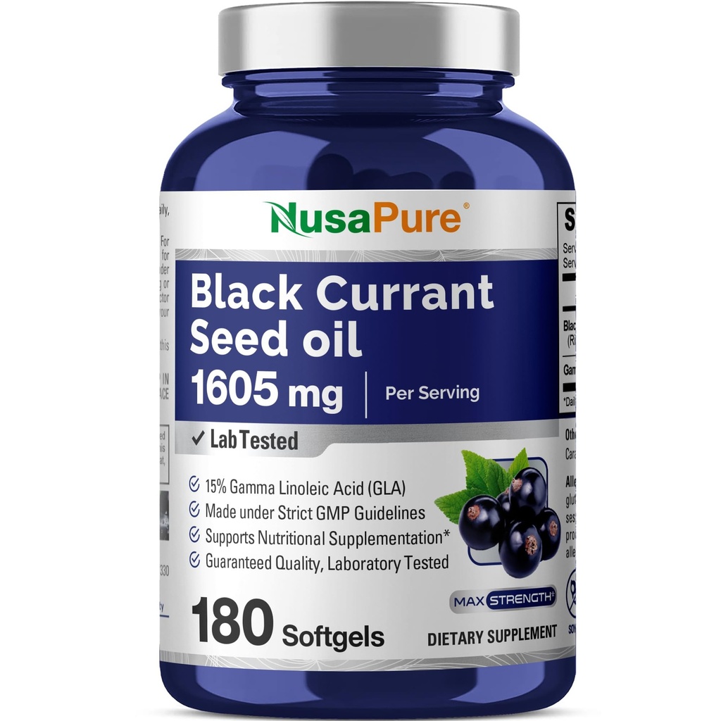 NusaPure Black Currant Seed Oil 1605 mg kyselina gama linoleová (GLA) 15% 180 Softgels (Non- GMO, Soyfree)