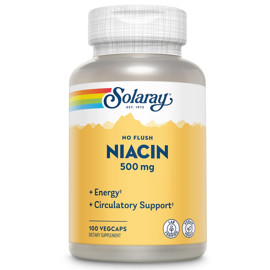 SOLARAY No Flush Niacin 500mg, Flush- Free Vitamin B3 Niacin, Energy and Circulatory System Support, Vegan, Laboratoř ověřená, 60- Day Money- Back Garance, 100 Služeb, 100 VegCaps
