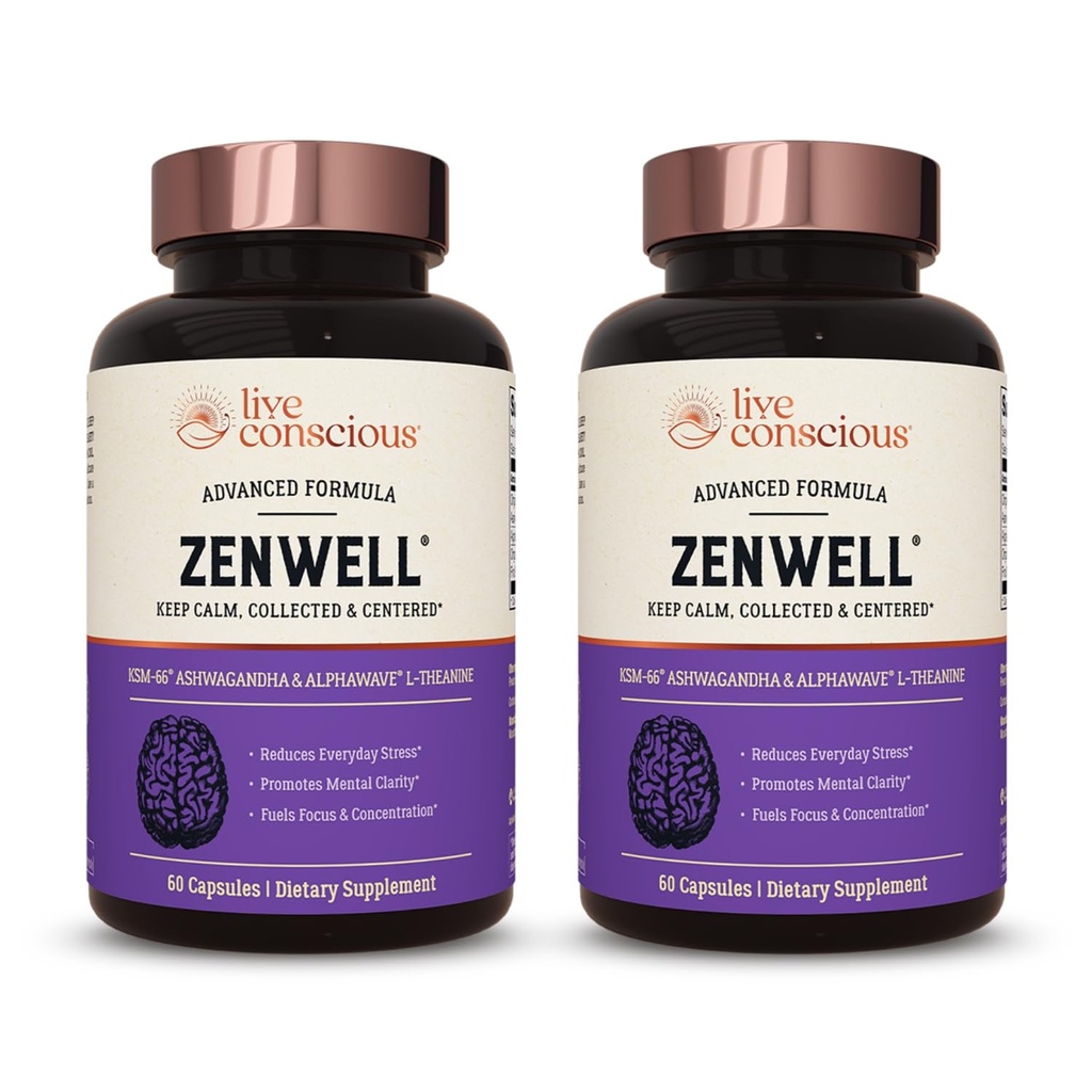 Živé vědomí KSM- 66 Ashwagandha dodatek w / L Theanin & AlphaWave - ZenWell Everyday Stress Relief, Cognitive, Brain Health - Ashwagandha pro muže a ženy - 60 Kapsle (2-Pack)