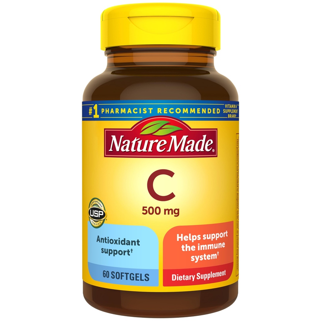 Nature Made Vitamin C 500 mg, Dietní vitamin C dodatek pro imunitní podporu, 60 Softgels, 60 denní dodávky