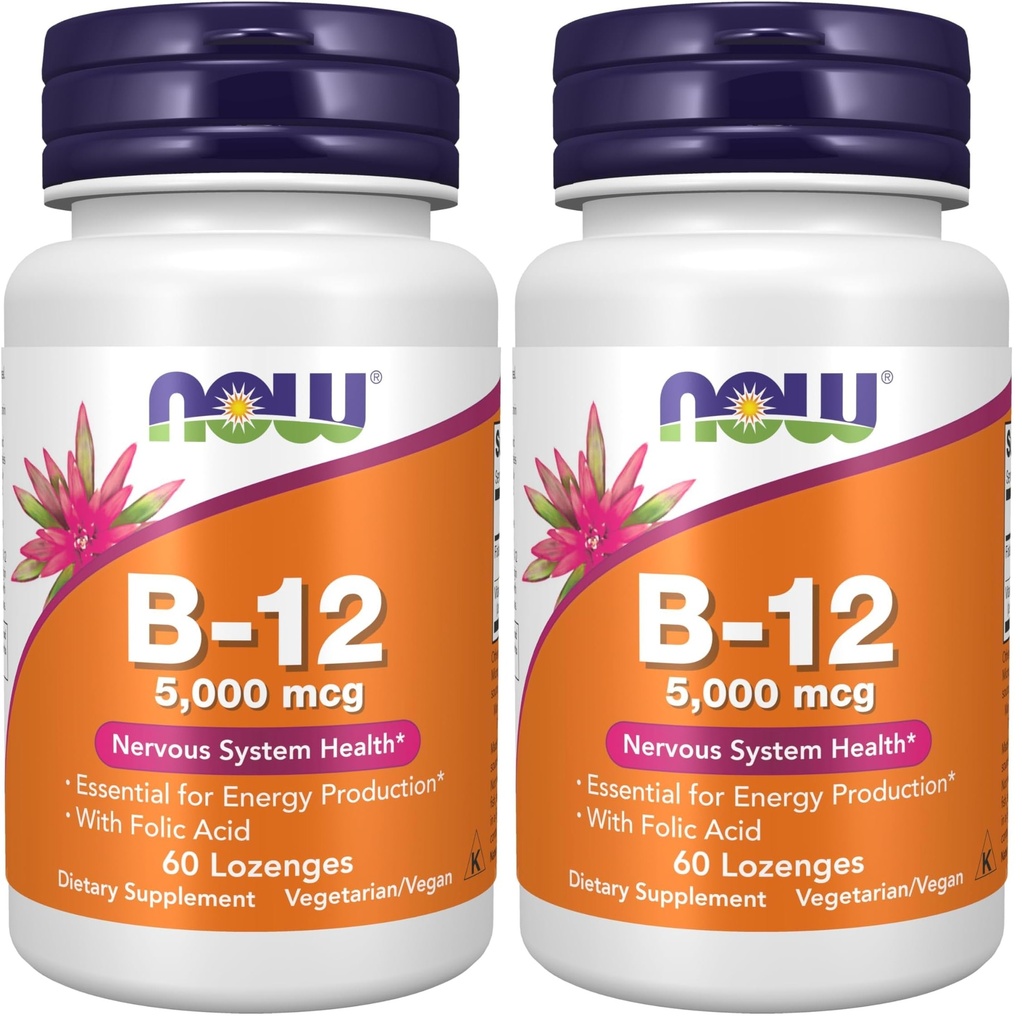 Nyní doplňky, Vitamin B-12 5 000 mcg, s kyselinou listovou, nervový systém zdraví *, 60 Lozeng (balení po 2)
