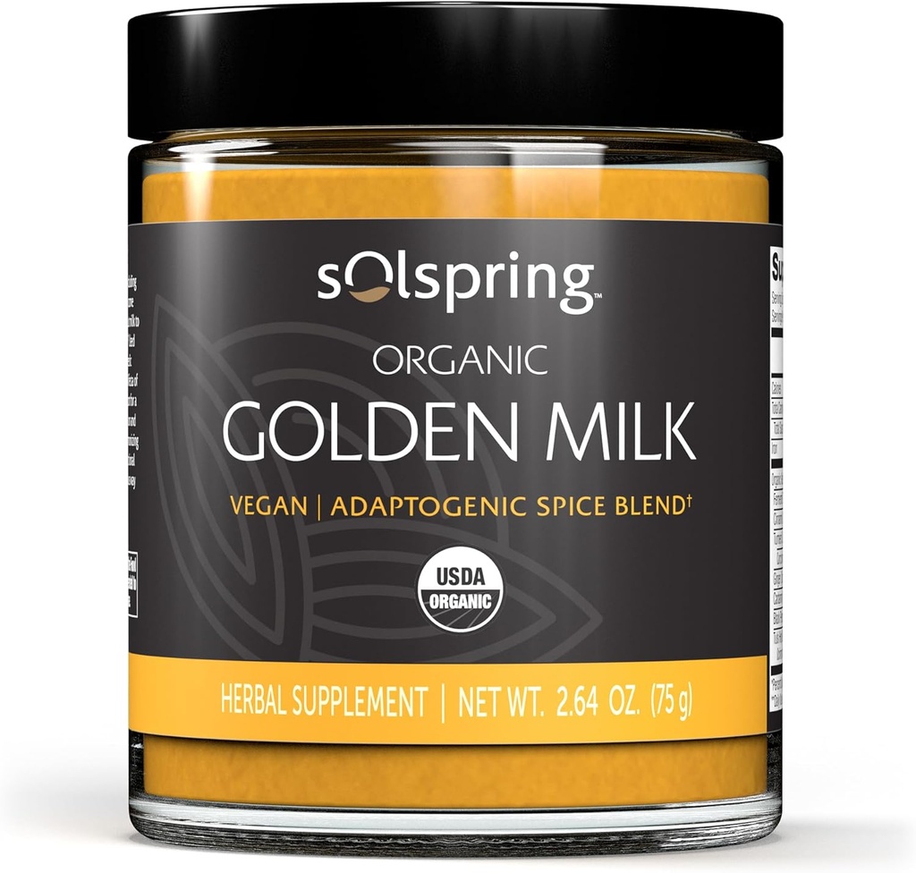 Dr. Mercola Solspring Organic Golden Milk Bylinný dodatek, 2.64 Oz. (75 g), Vegan Spice Blend with Turmeric & Ginger, Non GMO, Lepek zdarma, Soy Free, USDA Organic