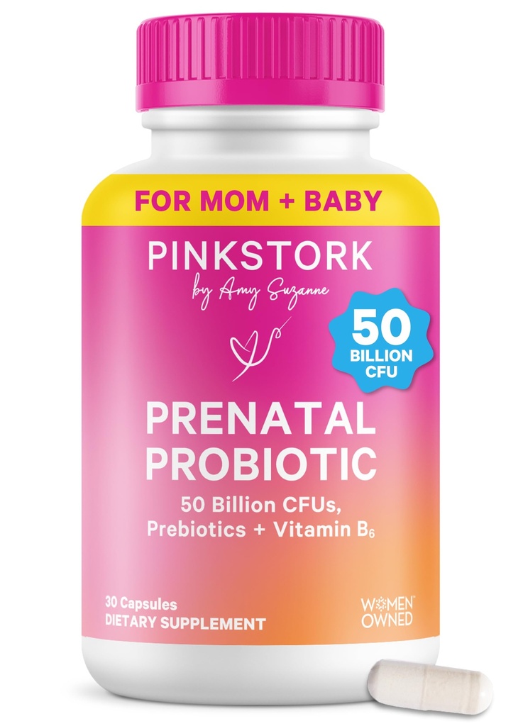 Pink Stork Prenatal Probiotika pro ženy - 50 miliard CFU, Vitamin B6, Prebiotika, Ranní nevolnost, Gut Microbiome, Probiotika těhotenství, imunitní podpora, Těhotenství musí mít - 30 Kapsle