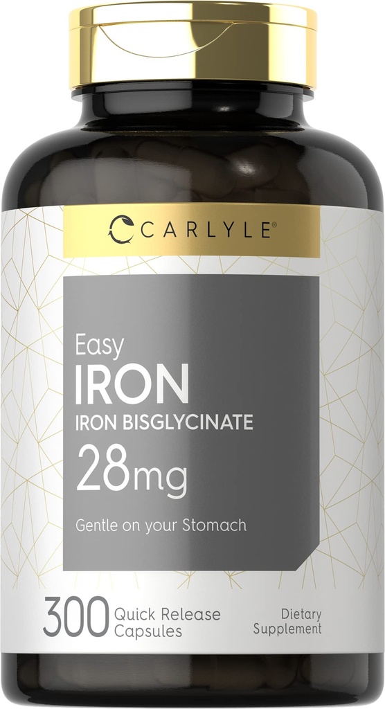 Carlyle Easy Iron Supplement pro ženy a muže 124; 28mg Iron 124; 300 Kapsle 124; jako Ferrous Bisglycinate 124; Non- GMO a gluten zdarma