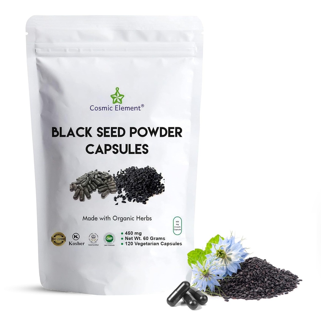 Kosmický element 100% čistý černý prášek Kapsle organické - Vegan Nigella Sativa 450mg Black Cumin Seeds per Serving for Health - 120 Kapsle