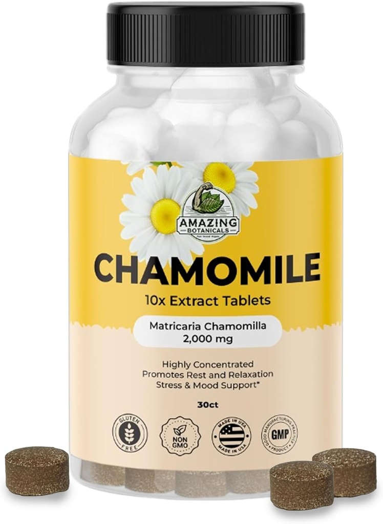 Úžasné botanické organické heřmánky Extract Tablety - Matricaria Chamomilla Plant- Based Supplement - 10x Extract 2000 MG Each - Promotes Relaxation - 30 Tablety