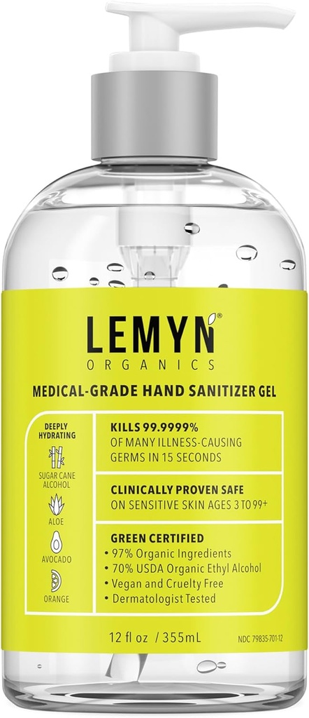 Zdravotnický ruční Sanitizér Gel - 97% organický GL124; 70% USP Ethylalkohol GL124; Moisturizace Aloe + Hyaluronic Acid GL124; čerstvě vyrobeno v USA GL124; 12oz Láhev s čerpadlem