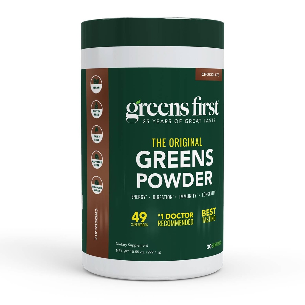 Zelenina První původní Zelenina Powder - 49 Superfoods - Organic Fruits & Veggies - Prebiotika, Probiotika a stravitelné Enzymy - Antioxidant Smoothie - Dairy Free, Vegan, Non- GMO (Chocolate, 30 Servings)
