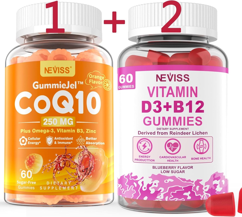 NEVISS Sugar- Free CoQ10- 250mg Plněné gumové, 60Cts + Vegan Vitamin D3 5000IU & Methyl B12 1000mcg Gummies, 120Cts