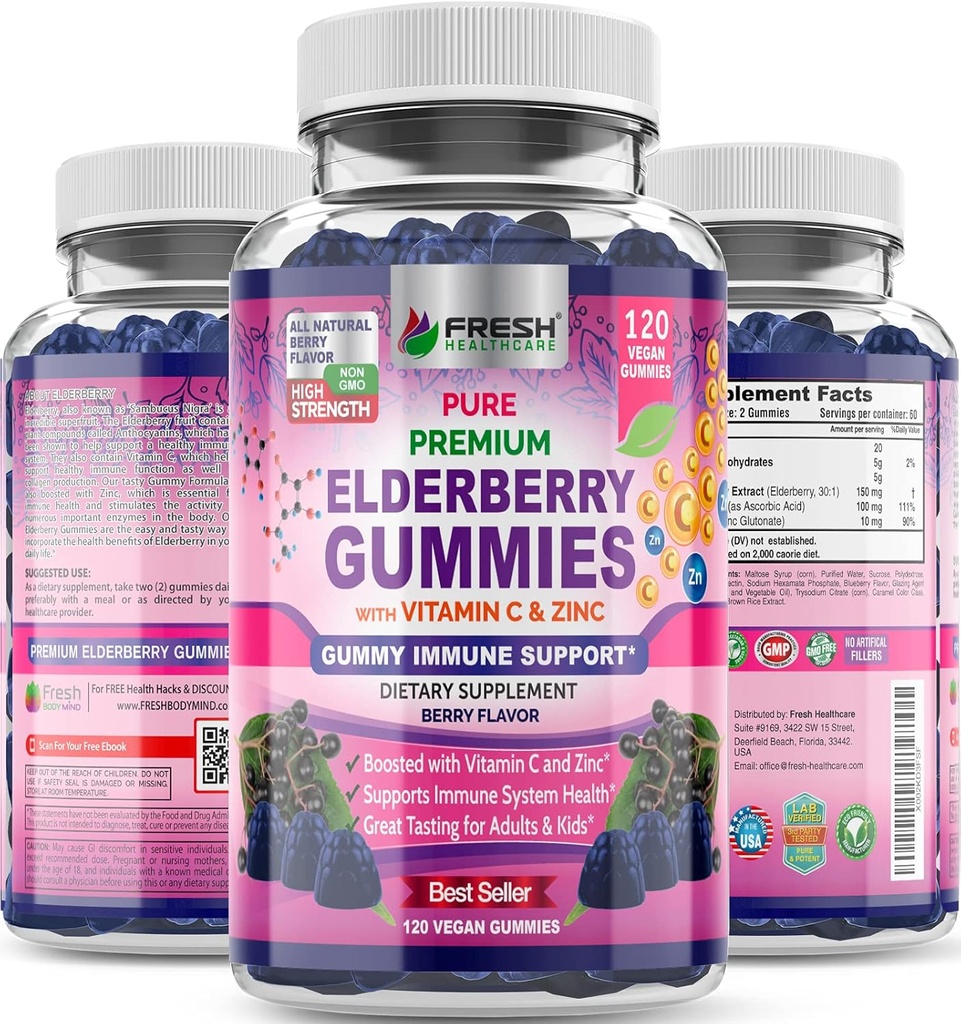 FRESH HELTHCARE Elderberry Gummies s vitamínem C, zinek a Sambucus Elderberry 30: 1 Extract - 100% Vegan - Imunitní podpora pro dospělé a děti - 120 Count Gummy Dodatek