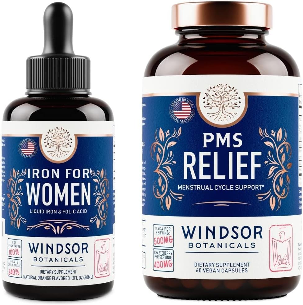 BOTANICALY WINDSOR Liquid Iron and PMS Relief Capsules Womens Bundle