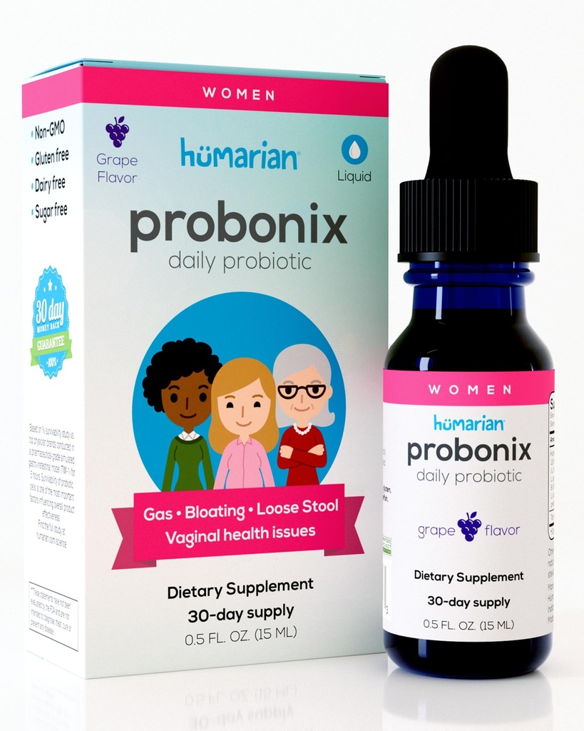 Probonix Humarian Liquid Probiotika pro ženy - 12- Strain Probiotické Kapky k posílení zdraví ženského gutu, Vaginální zdraví, imunita a celkové Wellness - 30- Day Supply - Delicious Grape Flavor