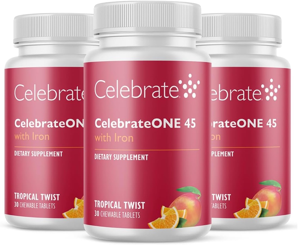 Oslavte Vitamíny CelebrateONE 45 Chewables, 45 mg železa - jednou denně Bariatric Multivitamin, Essential Vitamíny & Minerály - Gastric Bypass & Sleeve Gastrektomie Dodatek - Tropické (90 Tablety)