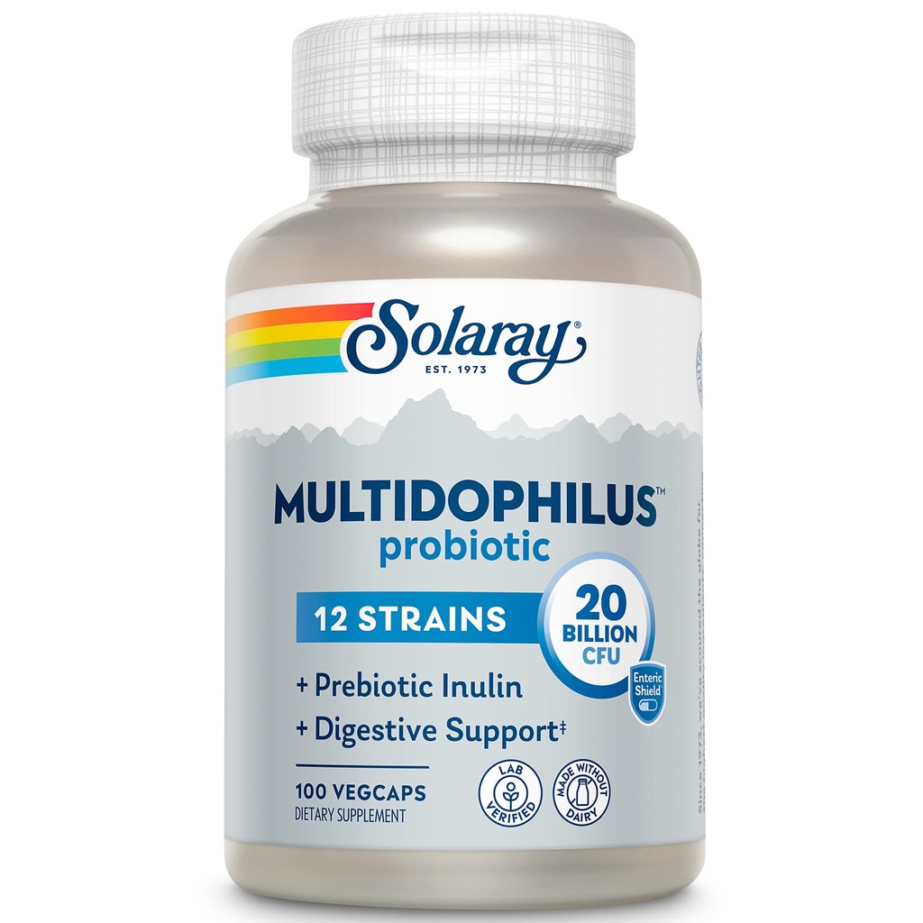 SOLARAY Multidophilus 12 Strain Probiotic 20 Milionů CFU, Probiotika pro stravitelné zdraví a Gut Zdravotní podpora, Prebiotic Inulin, No Dairy, 50 Serv, 100 VegCaps
