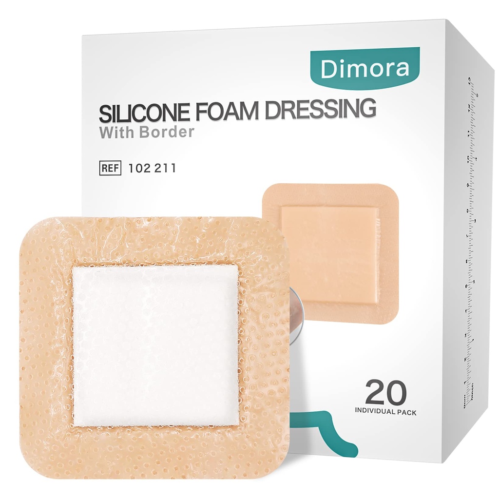 Dimora Silicone Foam dressing with Border 20 Pack Adhesive 4 "x4" Waterproof Wound Dressing bandage for Wound Care