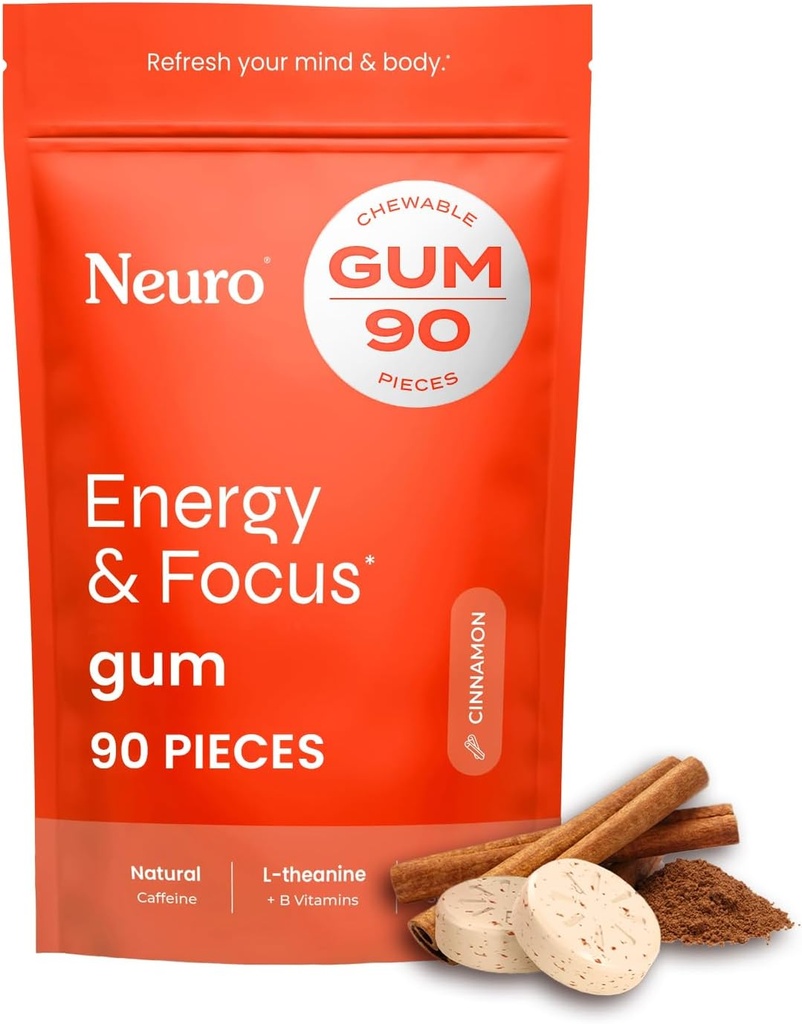 NeuroGum Energy & Focus Gum (Skořice, 90 Kusy) 124; 40mg přírodní kofein + L- Theanine + vitamin B12 & B6 + Xylitol 124; Cukr zdarma nootropní kognitivní mozek doplněk výkonu