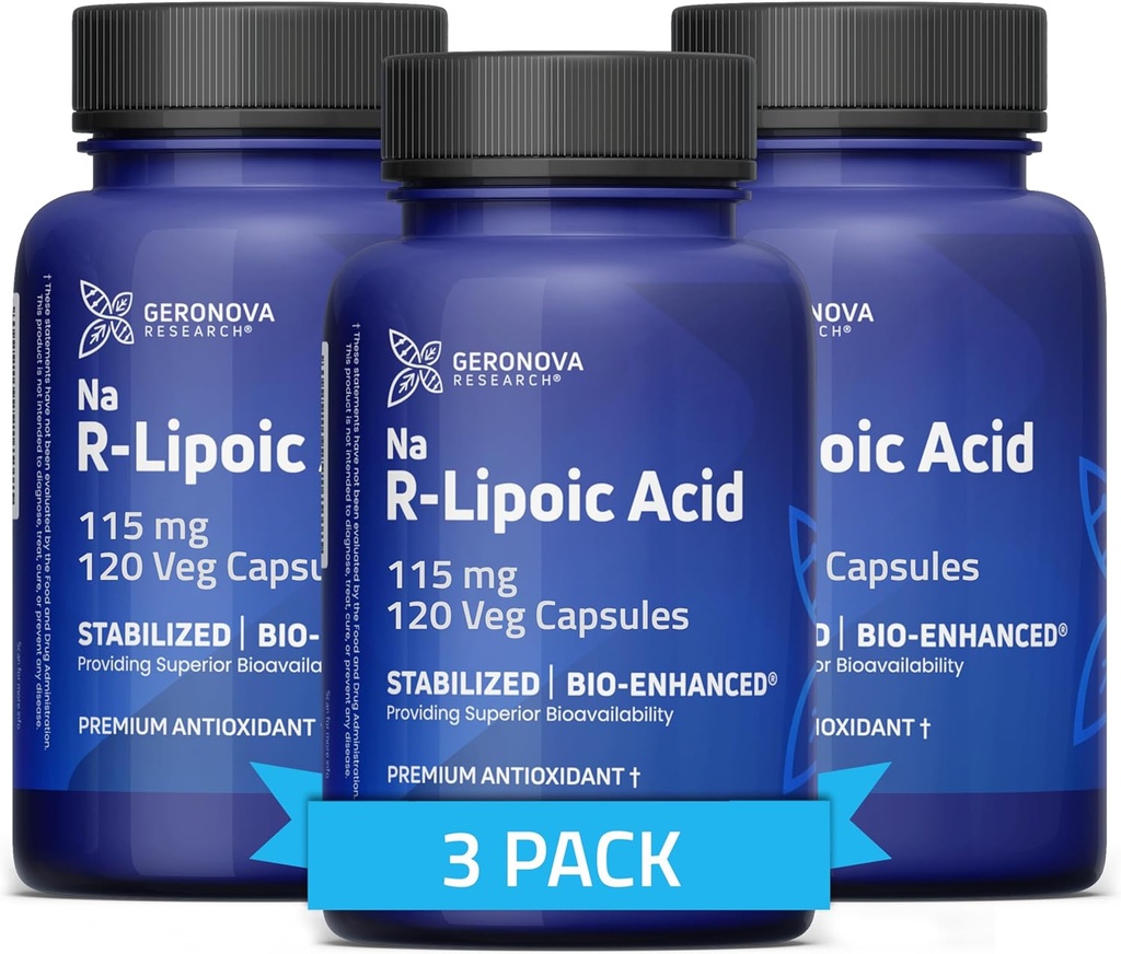 Geronova Research Bio- Enhanced R- Lipoic Acid, 115 mg Kapsle - 12 Měsíční zásoba - Stabilizované R Alpha Lipoic Acid s vylepšenou absorpcí - R Lipoic Acid Supplement - 360 Počet