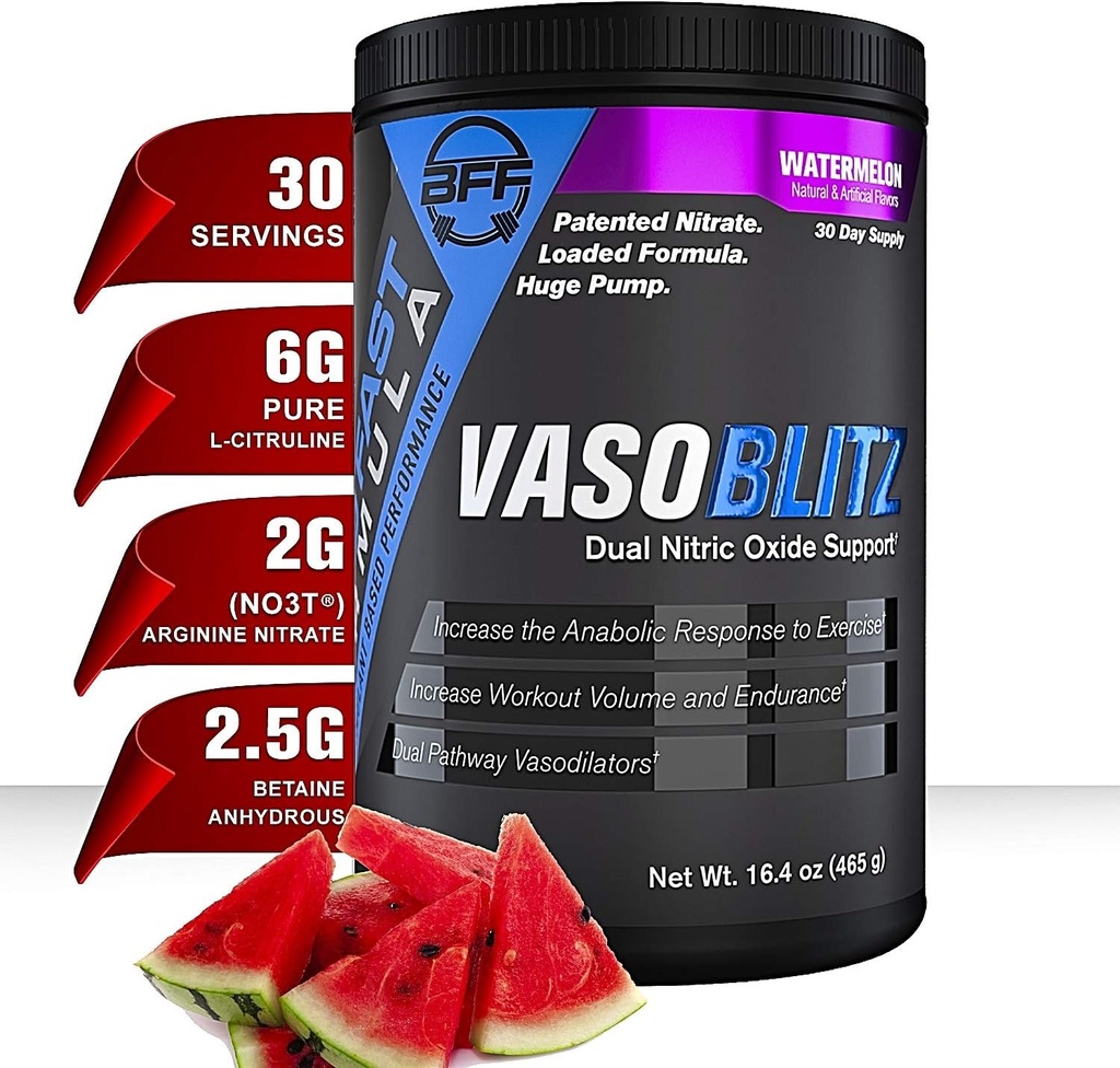 VASOBLITZ Award Winning Dual Nitric Oxide Pre Workout with NO3T Arginin Nitrate, L- Citrulin, Betaine Anhydrile, vápník Laktát, kofein zdarma pro svalovou endurance (30 Serving) (Meloun)