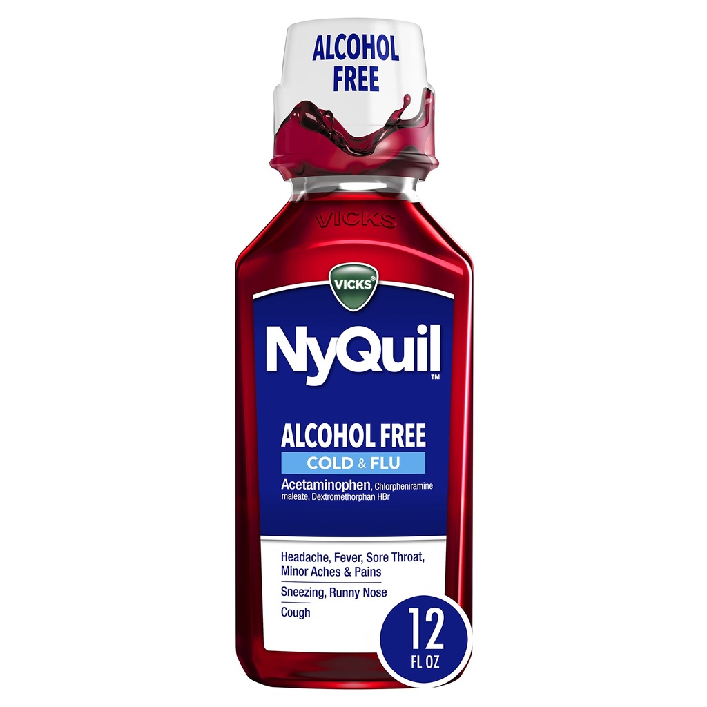 Vicks NyQuil, Alkohol zdarma, kašel, Cold & Flu Relief, Sore throat, Fever & Congestion Relief, Berry, 12 Fl Oz