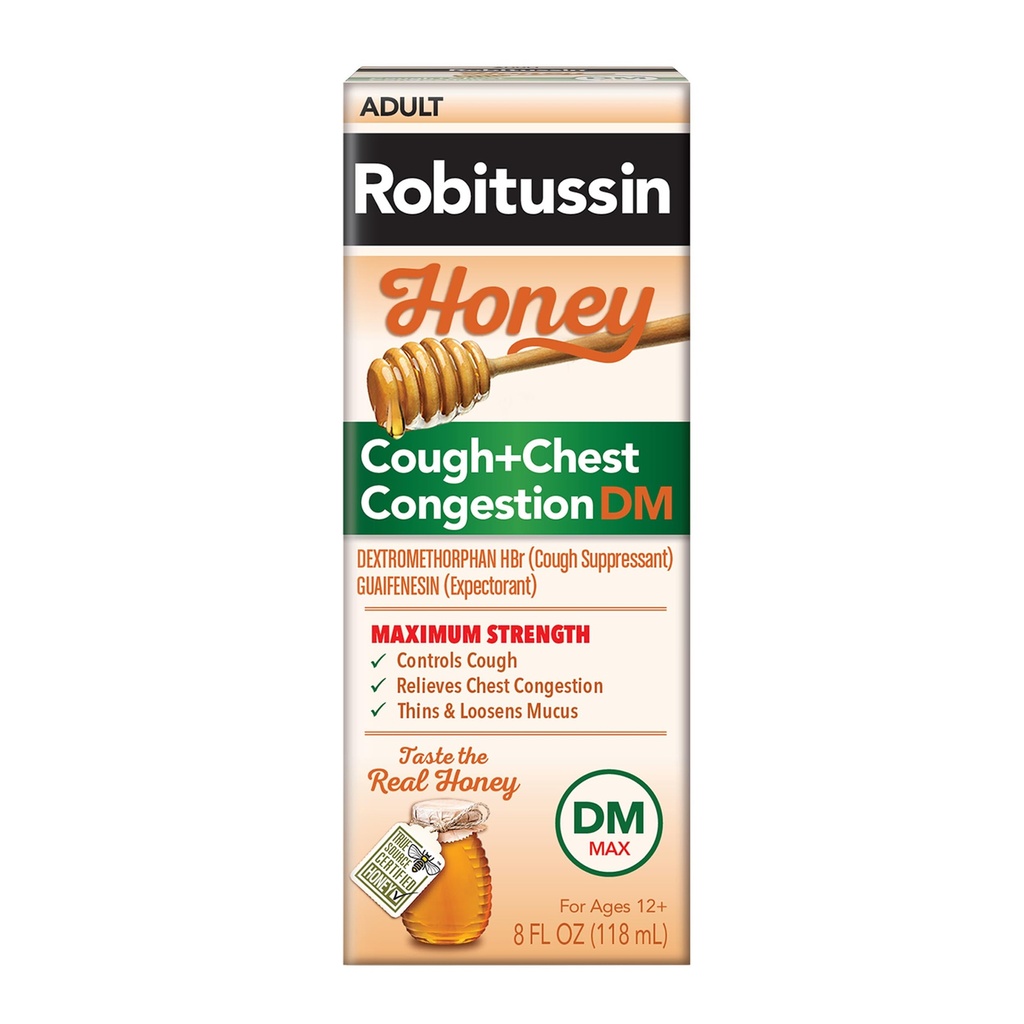 Robitussin Honey DM Max Cough Plus Chest Congestion, Adult Formule - 8 Fl Oz.