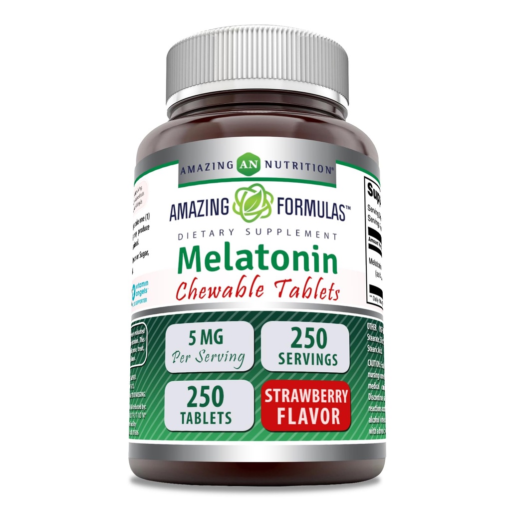 Amazing Differens Melatonin Žvýkací dodatek 124; 5 Mg Per Serving CLANE124; 250 Tablety CLANE124; Non- GMO CLANE124; Gluten- Free CLANE124; Made in USA (Jahoda)