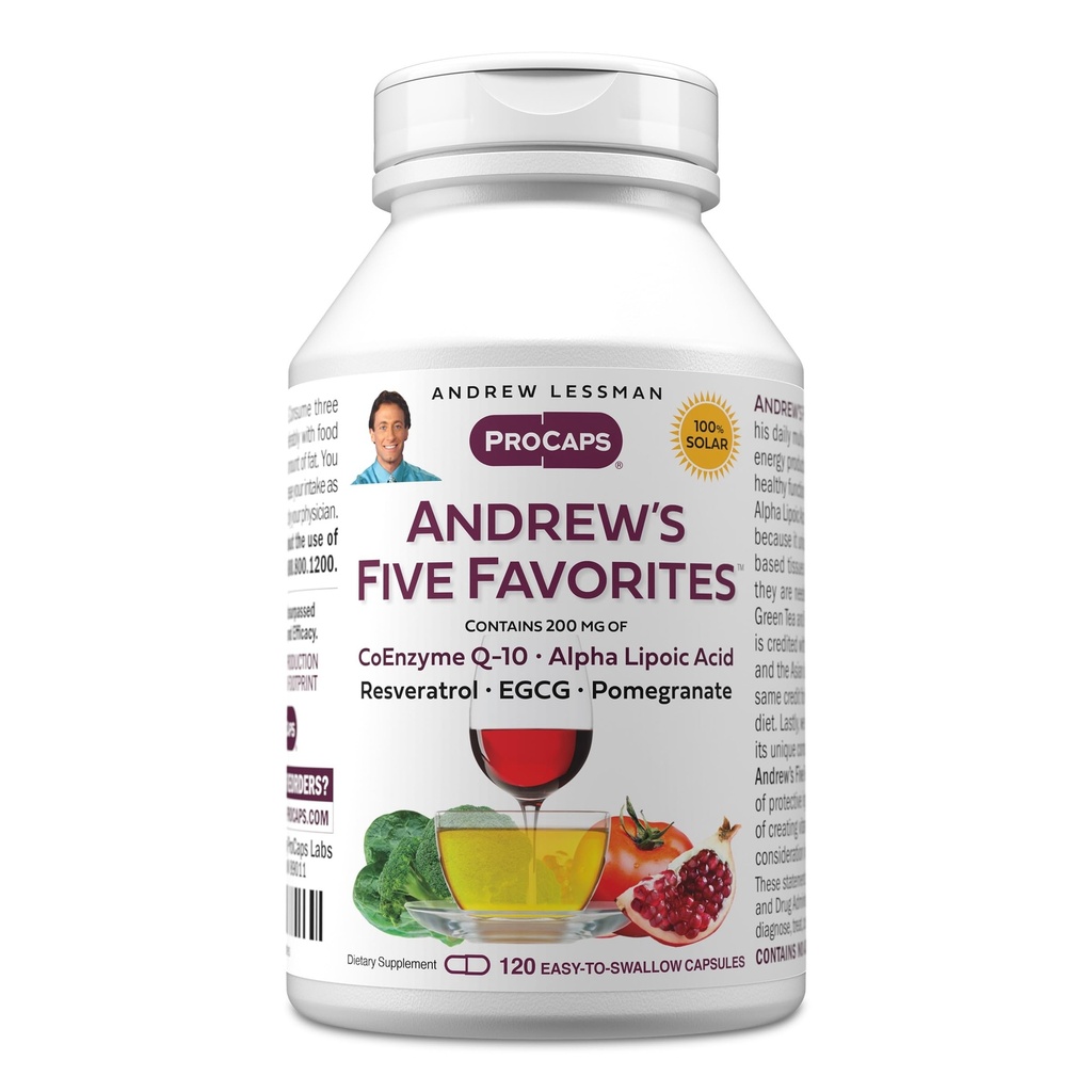 ANDREW LESSMAN Andrew 's Five Favorites 120 Capsules - Poskytuje 200 mg každý z Coenzym Q-10, Resveratrol, EGCG, Pomegranát a alfa Lipoic Acid, Výkonná antioxidant Podpora, Žádné přísady