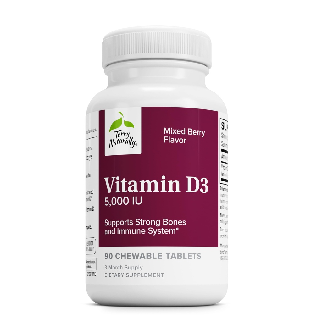 Přirozeně Terry Vitamin D3 - Doplněk pro zdraví kostí a sílu kostí - Dodatek pro imunitní systém a podporu mozku - 5000 IU Vitamin D tablety se smíšeným Berry Flavor - 90 Žvýkací tablety