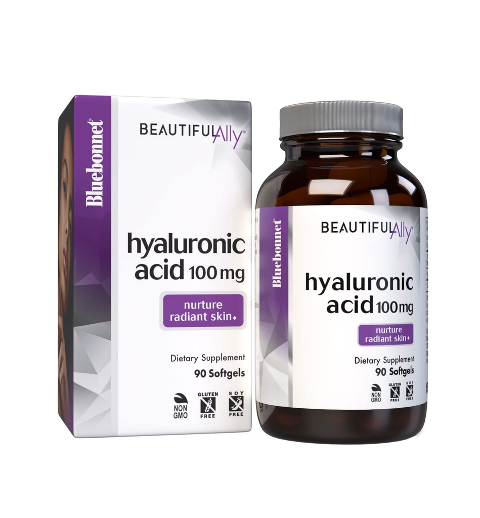 Bluebonnet Nutrition Beautiful Ally Hyaluronic Acid 100mg, Non- GMO, Gluten- Free, Soy- Free, 90 Softgels, 90 Servings