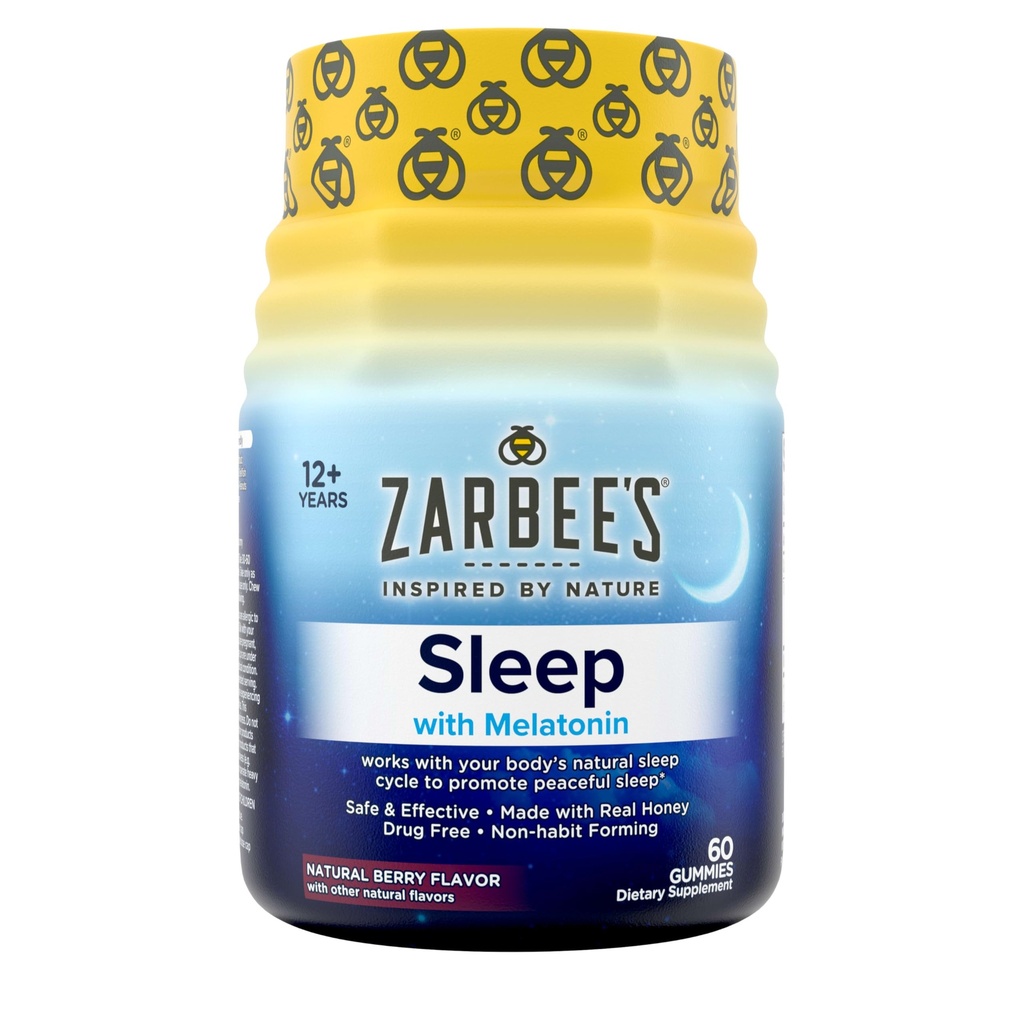 Zarbee je melatonin gummies 3mg Spánek dodatek k podpoře mírového spánku, přírodní smíšené ovocné příchutí, Dospělí Gummy Věk 12 Up, 60 Počet
