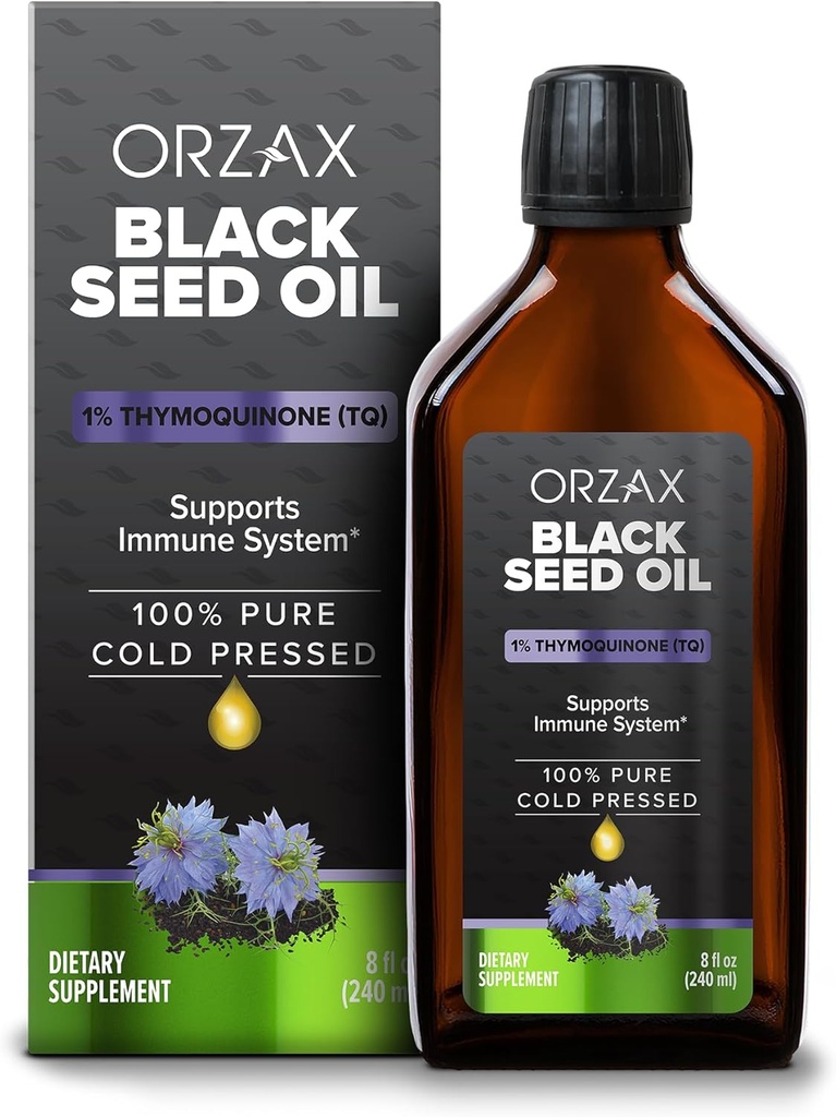 ORZAX Black Seed Oil Liquid (8 fl oz) - Cold Pressed 100% Pure French 124; Vegan, Gluten Free, Non- GMO French 124; 5000mg Black Cumin (Nigella Sativa) Oil s 50mg Thymoquinone French 124; Bohatá Omega 3-6-9 French 124; Skleněná láhev