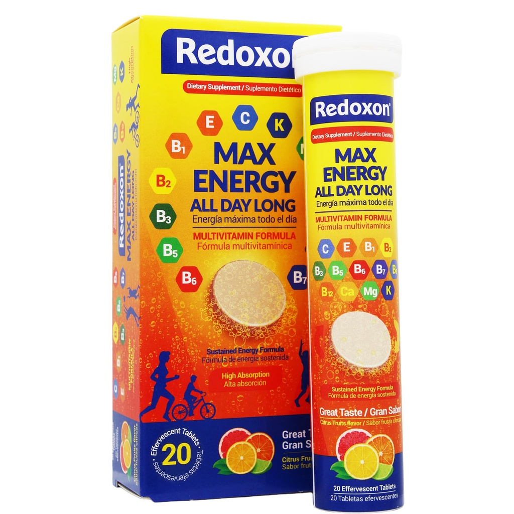 Redoxon Max Energy, Helps Support Inmune System, Citrus Flavor, 20 Effervescent Tablety, 2.82 Oz, Box