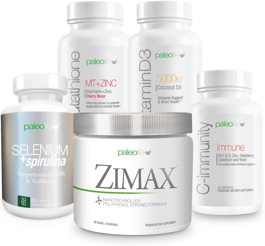 Premium maximální obranná hodnota Kit: Tento 5 Premium doplňky a vitamíny kit obsahuje: Zimax, Selen + Spirulina, Glutathione MT + zinek, Vitamin D3 a C-Imm.